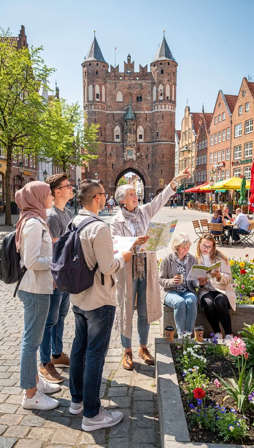Teilnehmer einer geführten Tour hören aufmerksam den Erklärungen eines Historikers im Freien zu.