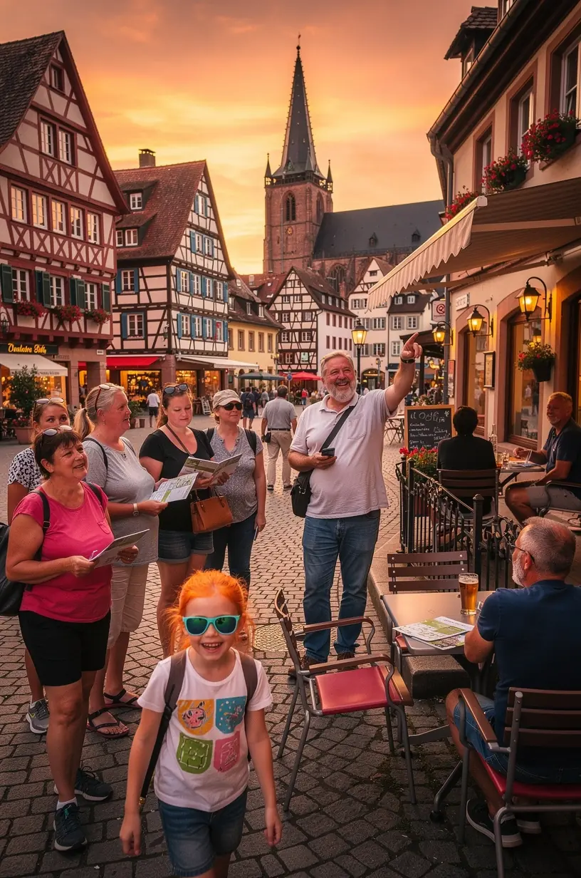 Sonnenbeschienene Gasse in einer deutschen Altstadt, die zum Entdecken mit dem Routenkit einlädt.